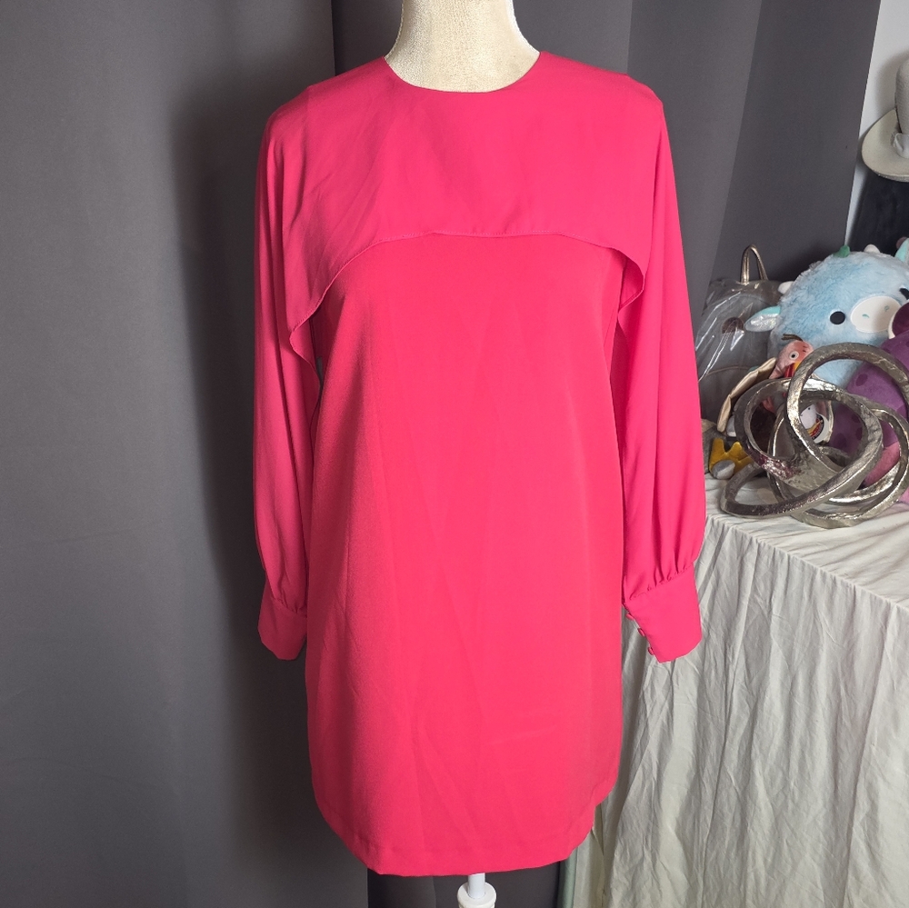 ZARA Hot Pink‎ Shift Dress Small Long Sleeve Cape Overlay Fuchsia Minimalist S